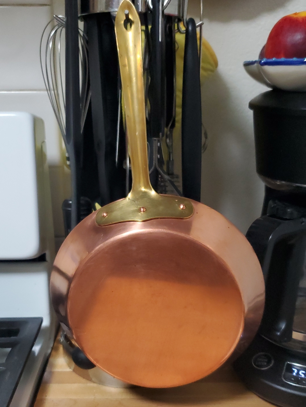 Brass-Handled Copper Cooking Pan - Polished Copper Finish